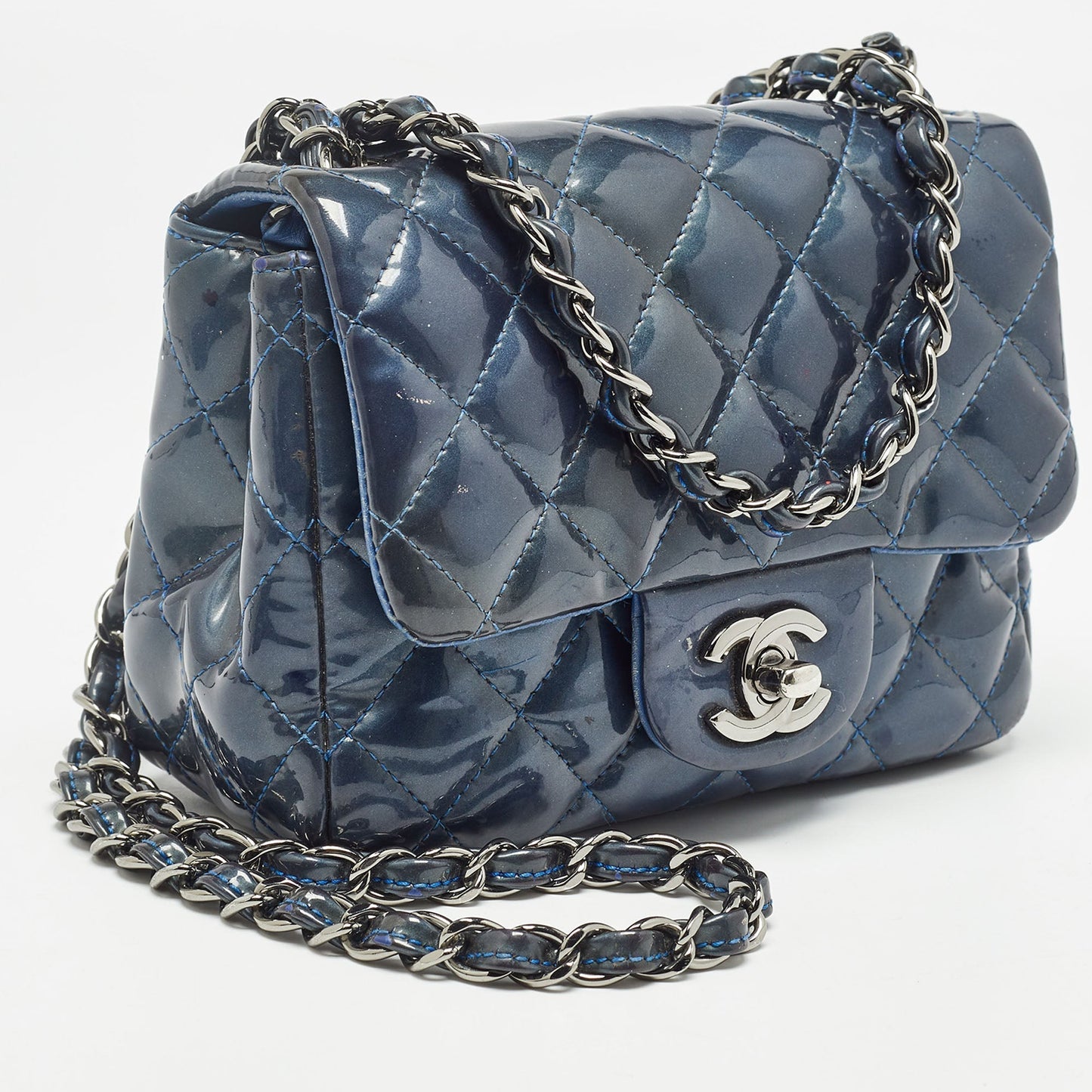 CHANEL Blue Quilted Patent Leather Mini Classic Flap Bag