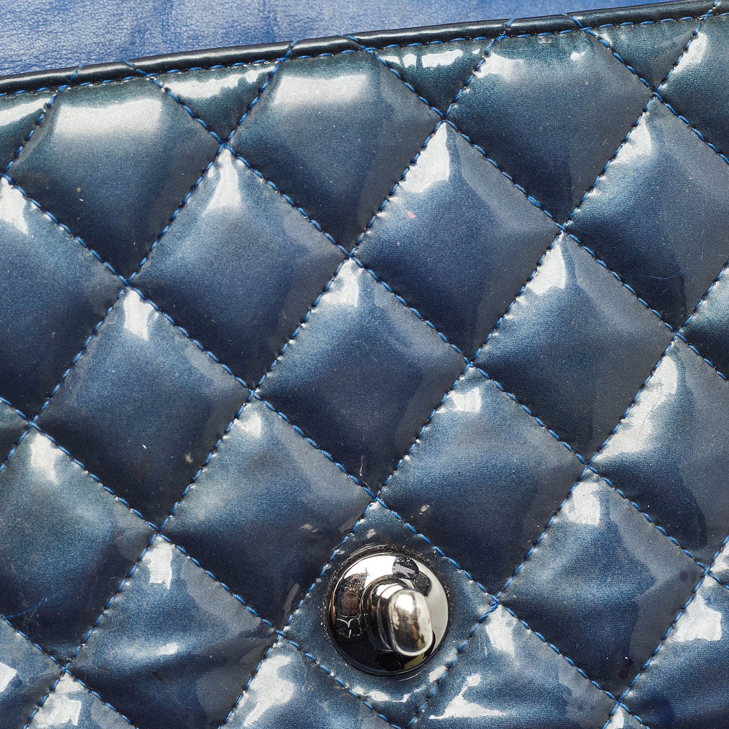 CHANEL Blue Quilted Patent Leather Mini Classic Flap Bag