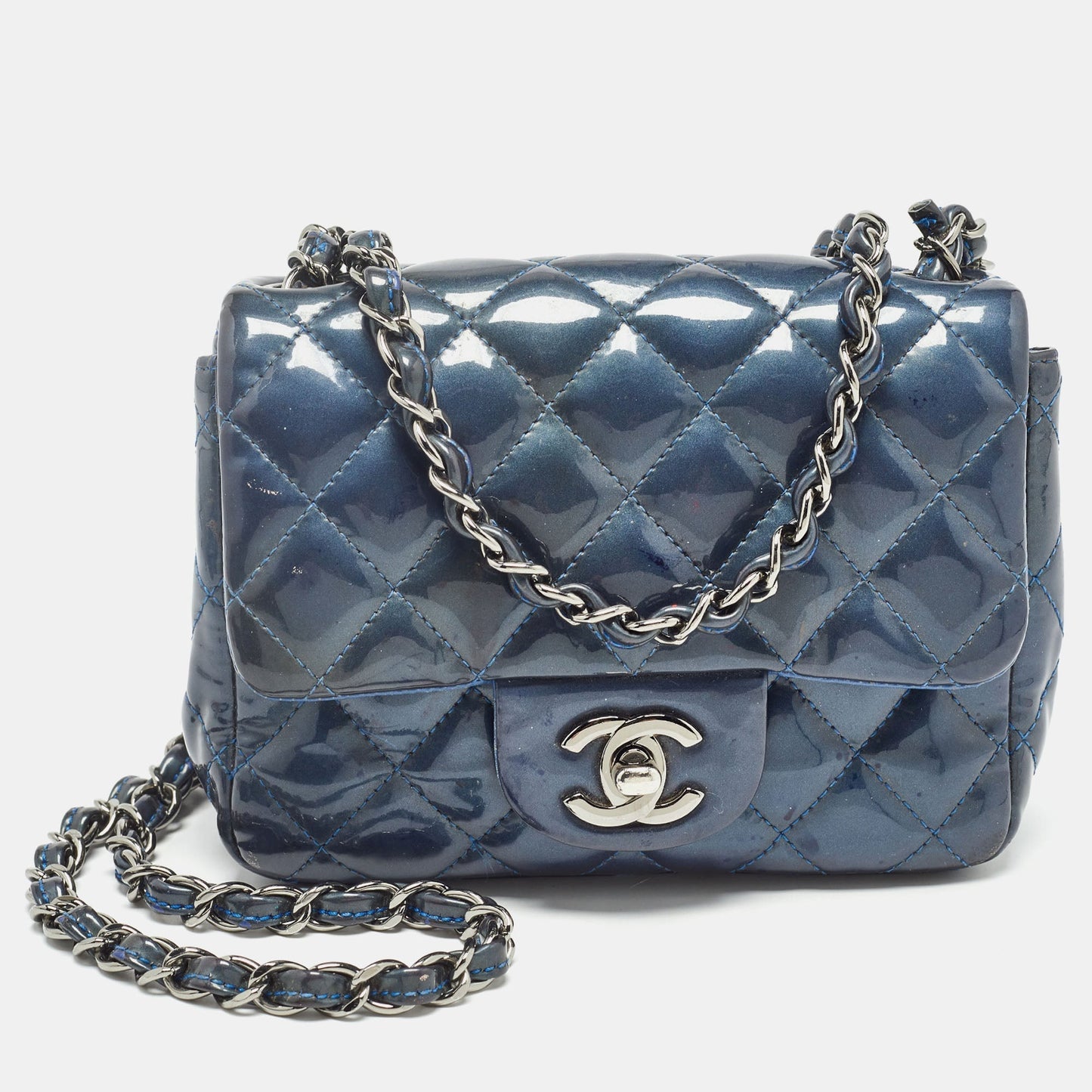 CHANEL Blue Quilted Patent Leather Mini Classic Flap Bag