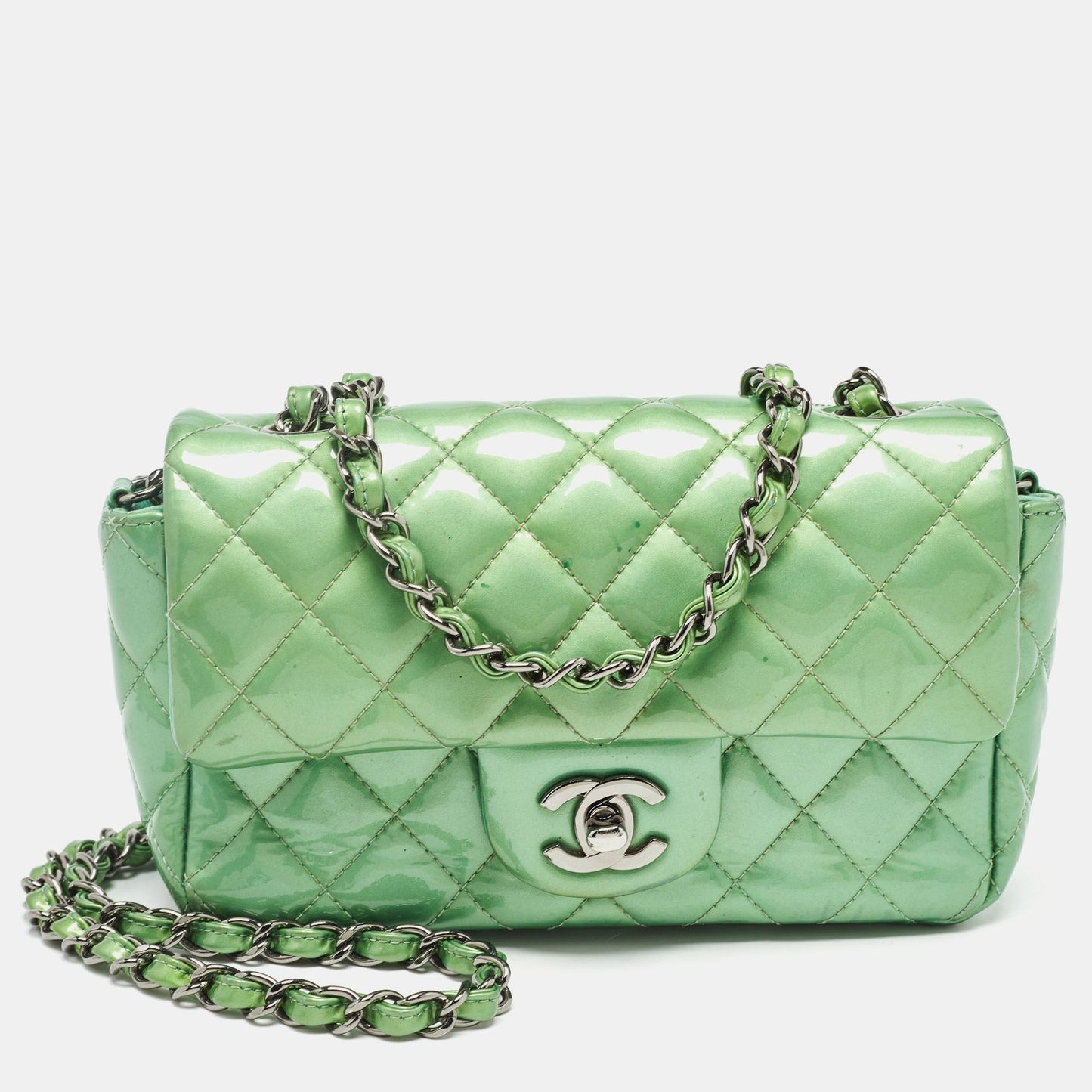 CHANEL Green Quilted Patent Leather New Mini Classic Flap Bag