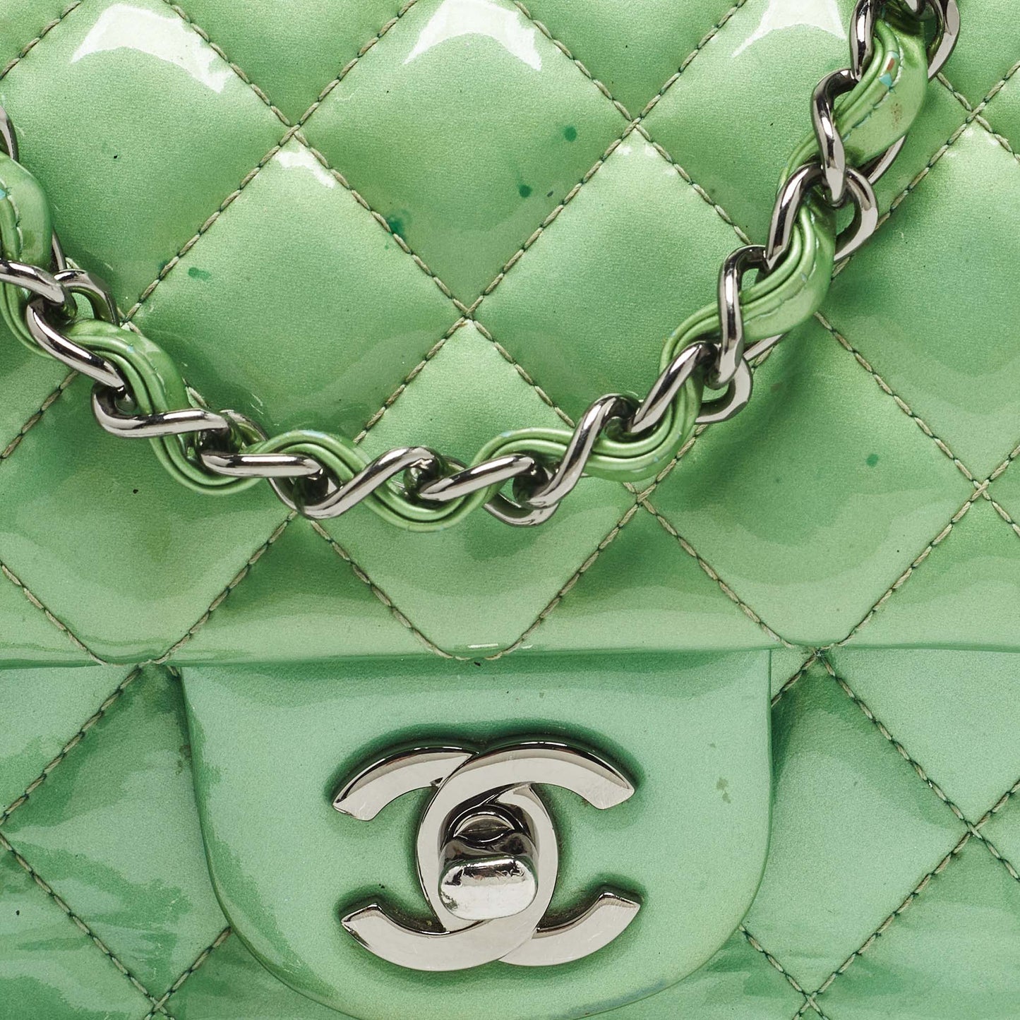 CHANEL Green Quilted Patent Leather New Mini Classic Flap Bag