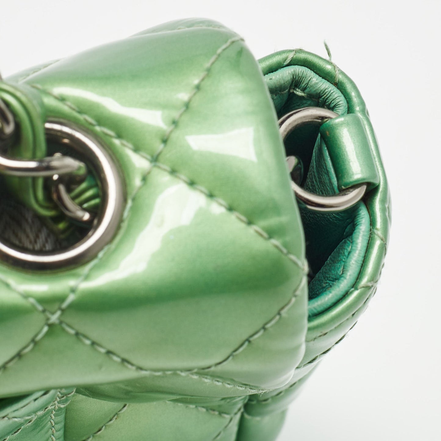 CHANEL Green Quilted Patent Leather New Mini Classic Flap Bag