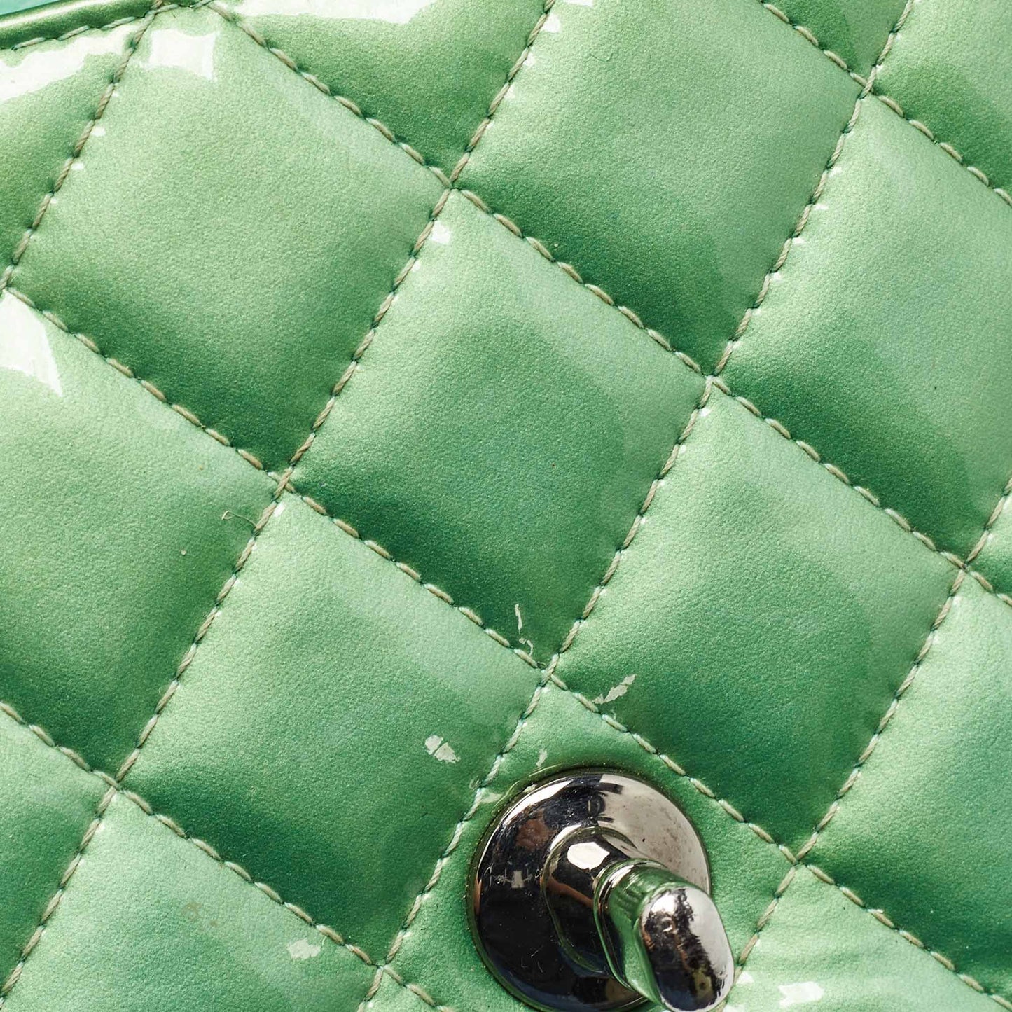 CHANEL Green Quilted Patent Leather New Mini Classic Flap Bag