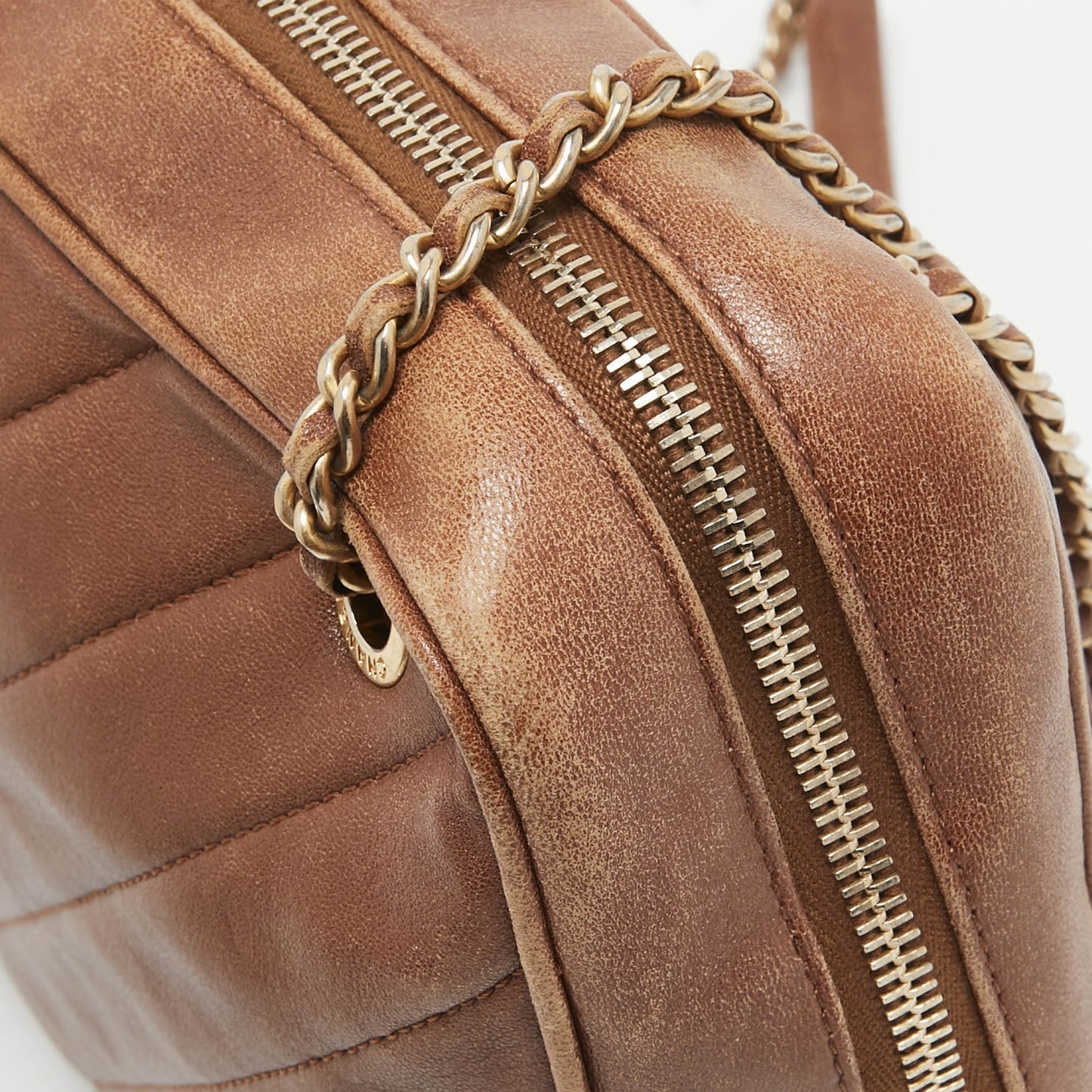 CHANEL Brown Diagonal Quilted Leather CC Covered Signature Flap Bag