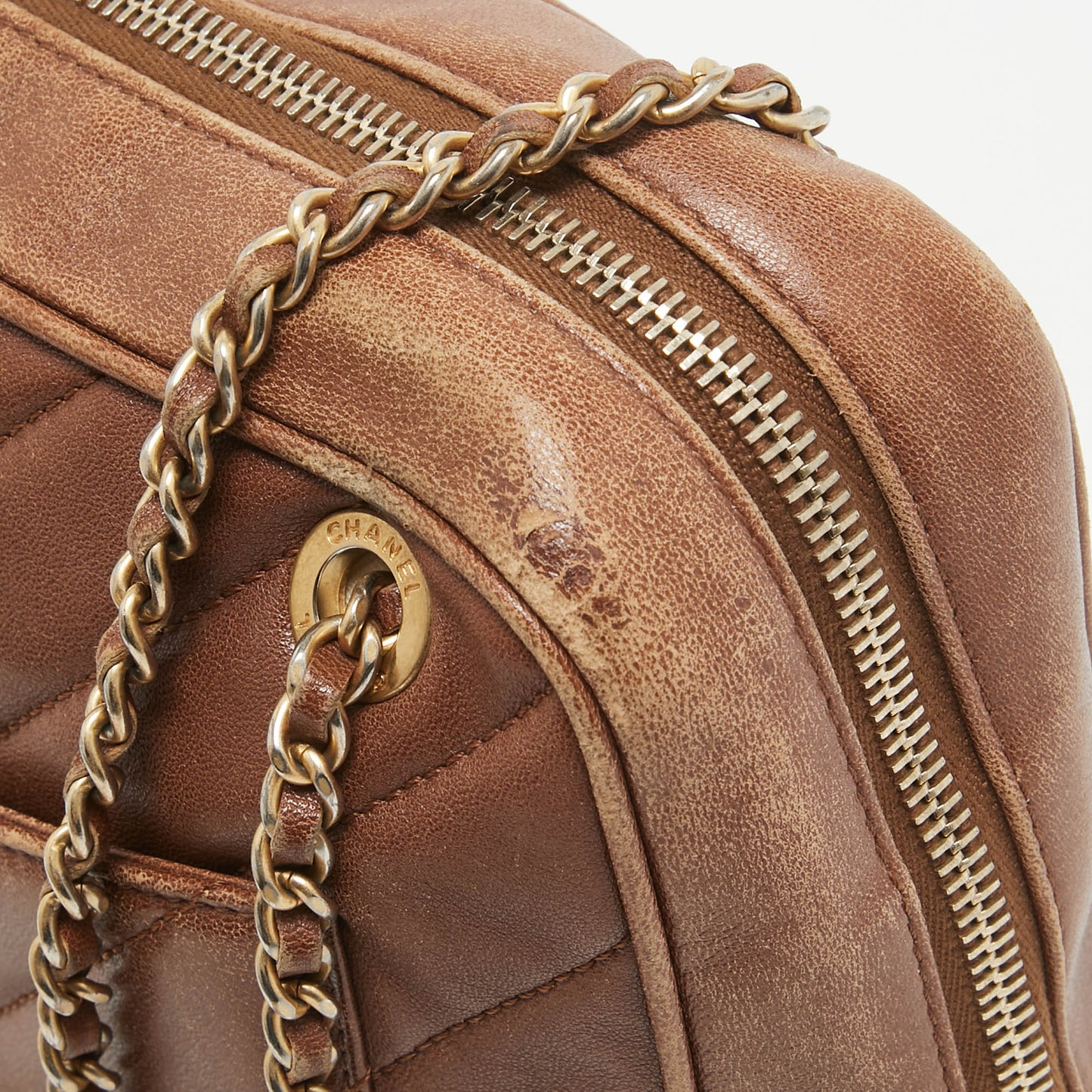 CHANEL Brown Diagonal Quilted Leather CC Covered Signature Flap Bag
