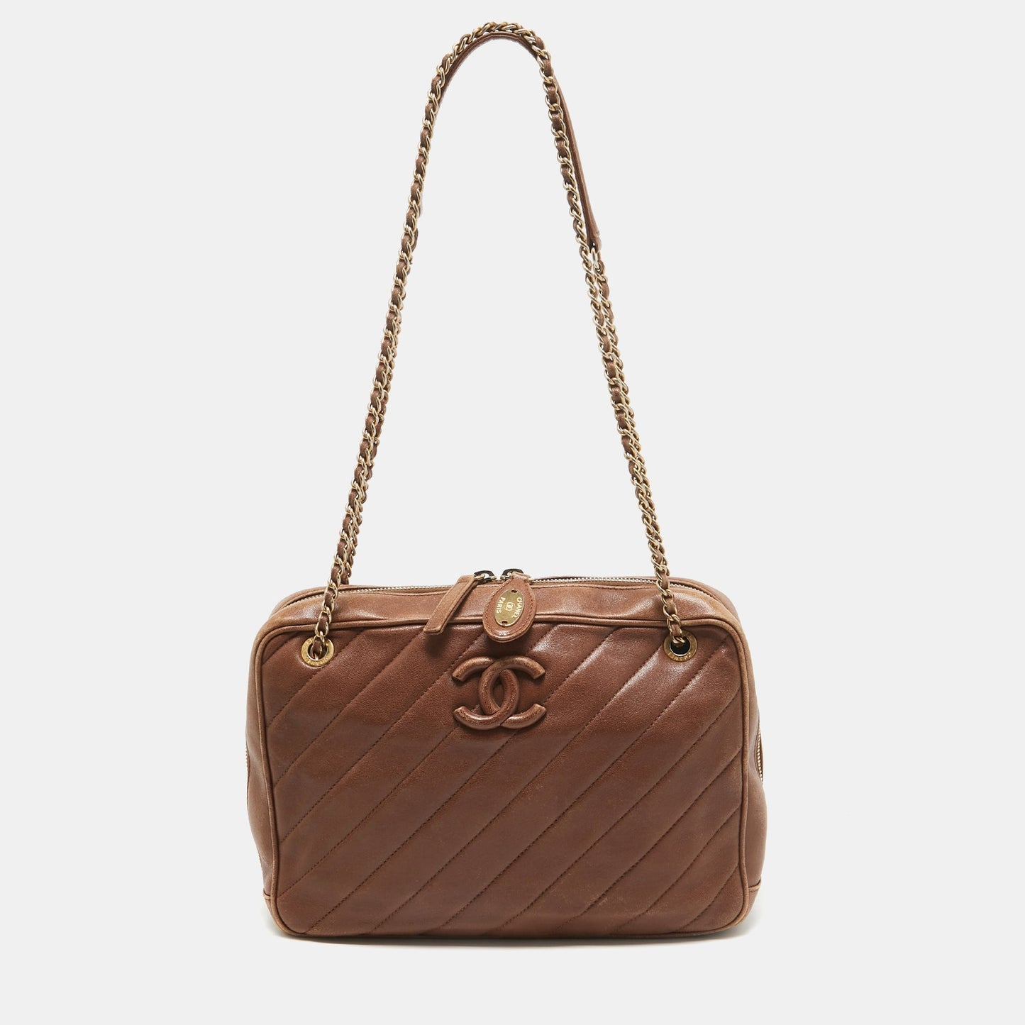 CHANEL Brown Diagonal Quilted Leather CC Covered Signature Flap Bag