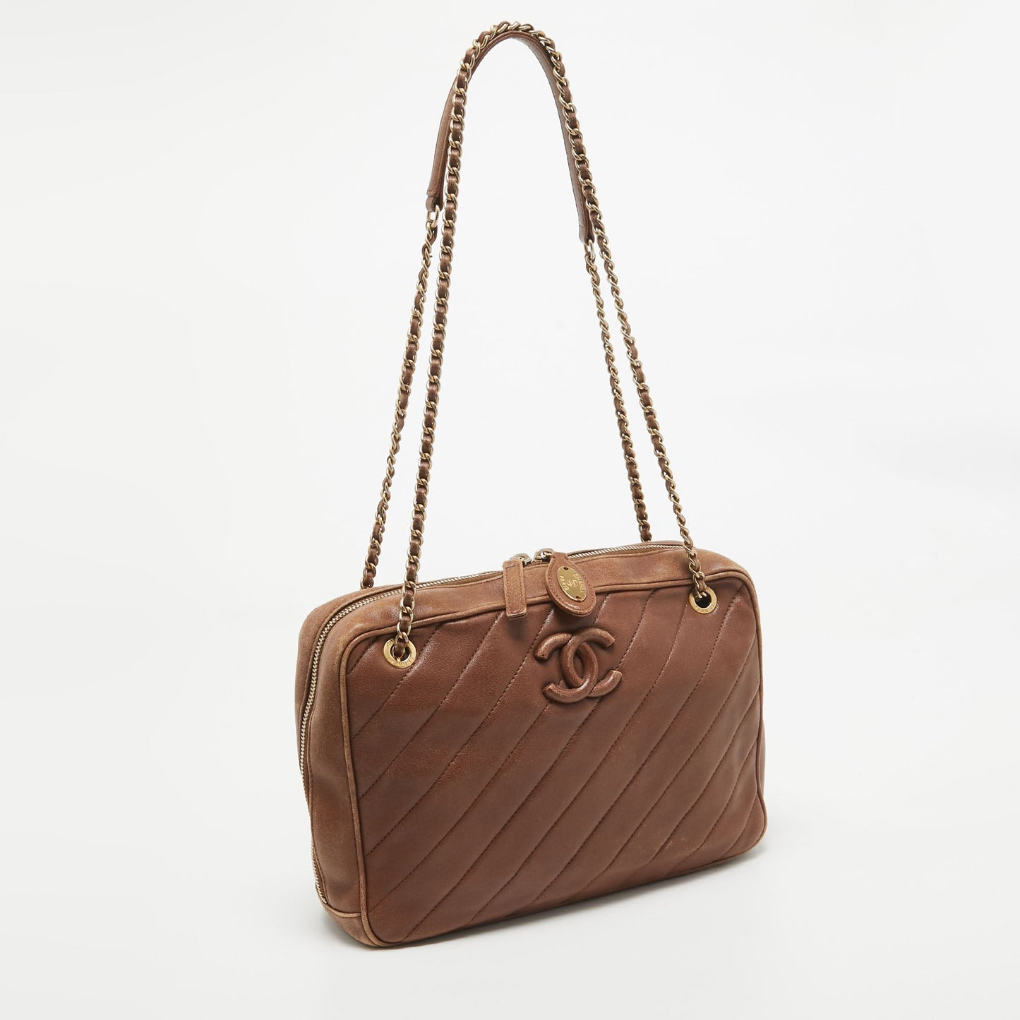 CHANEL Brown Diagonal Quilted Leather CC Covered Signature Flap Bag