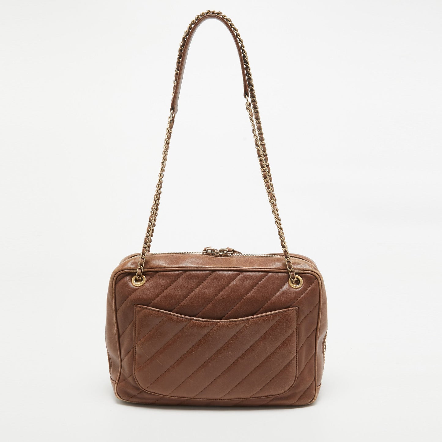 CHANEL Brown Diagonal Quilted Leather CC Covered Signature Flap Bag