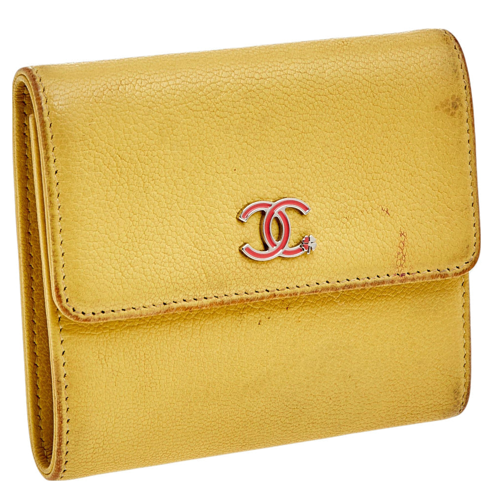Luxury Chanel Yellow Leather Trifold Wallet