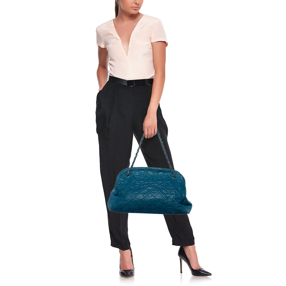 Luxury Chanel Teal Blue Quilted Leather Just Mademoiselle Bowler Bag