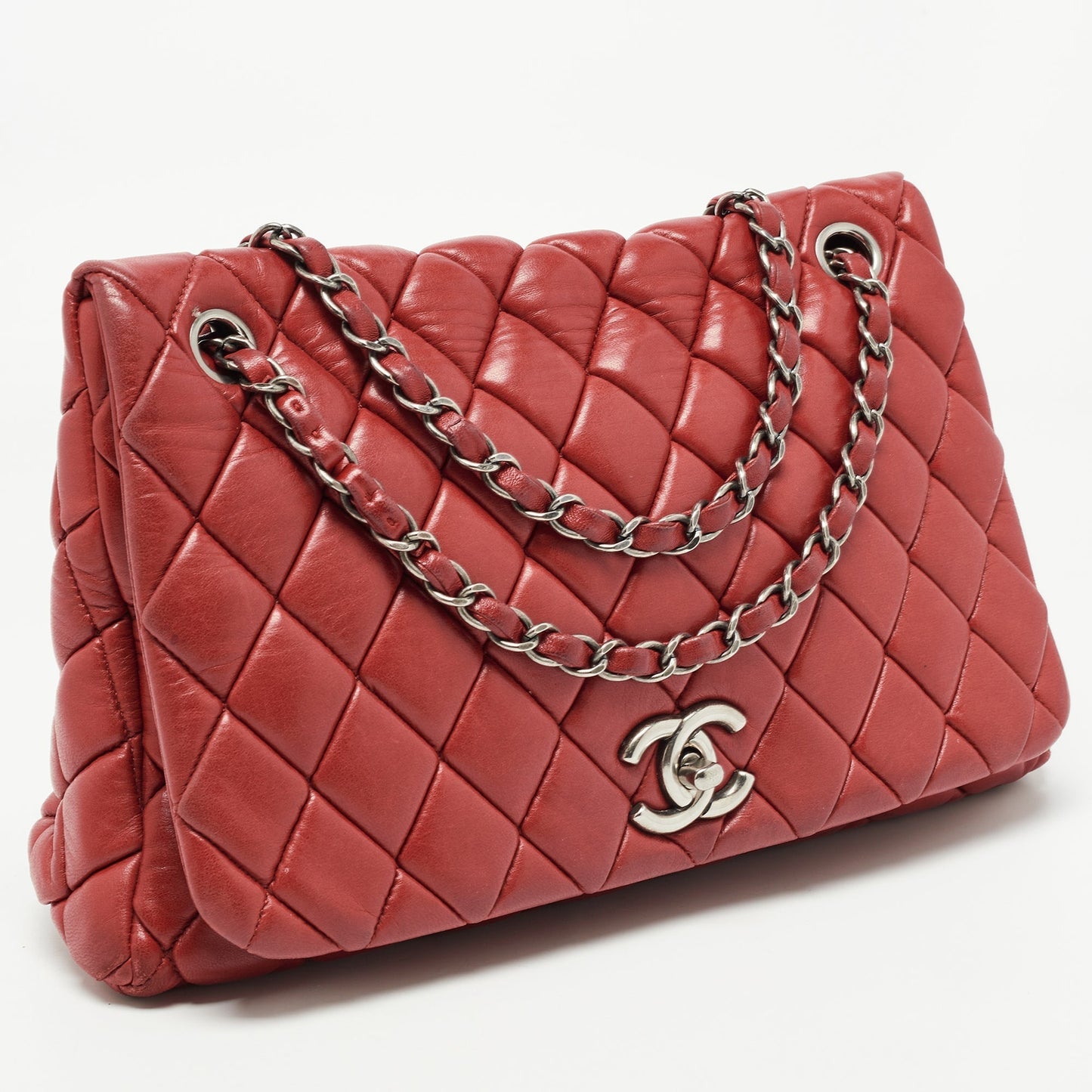 Chanel Red Bubble Quilted Leather Flap Shoulder Bag