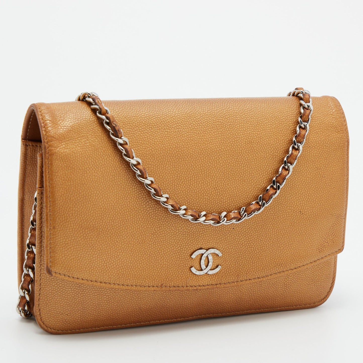 Luxury Chanel Metallic Bronze Caviar Leather Sevruga Wallet on Chain