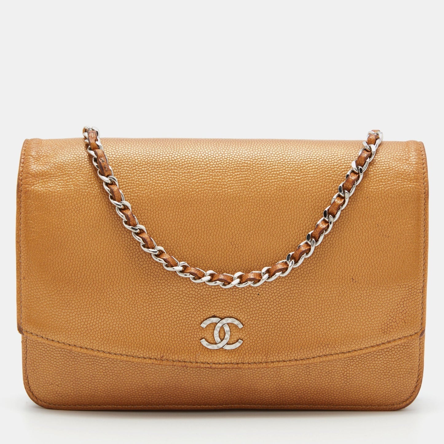 Luxury Chanel Metallic Bronze Caviar Leather Sevruga Wallet on Chain