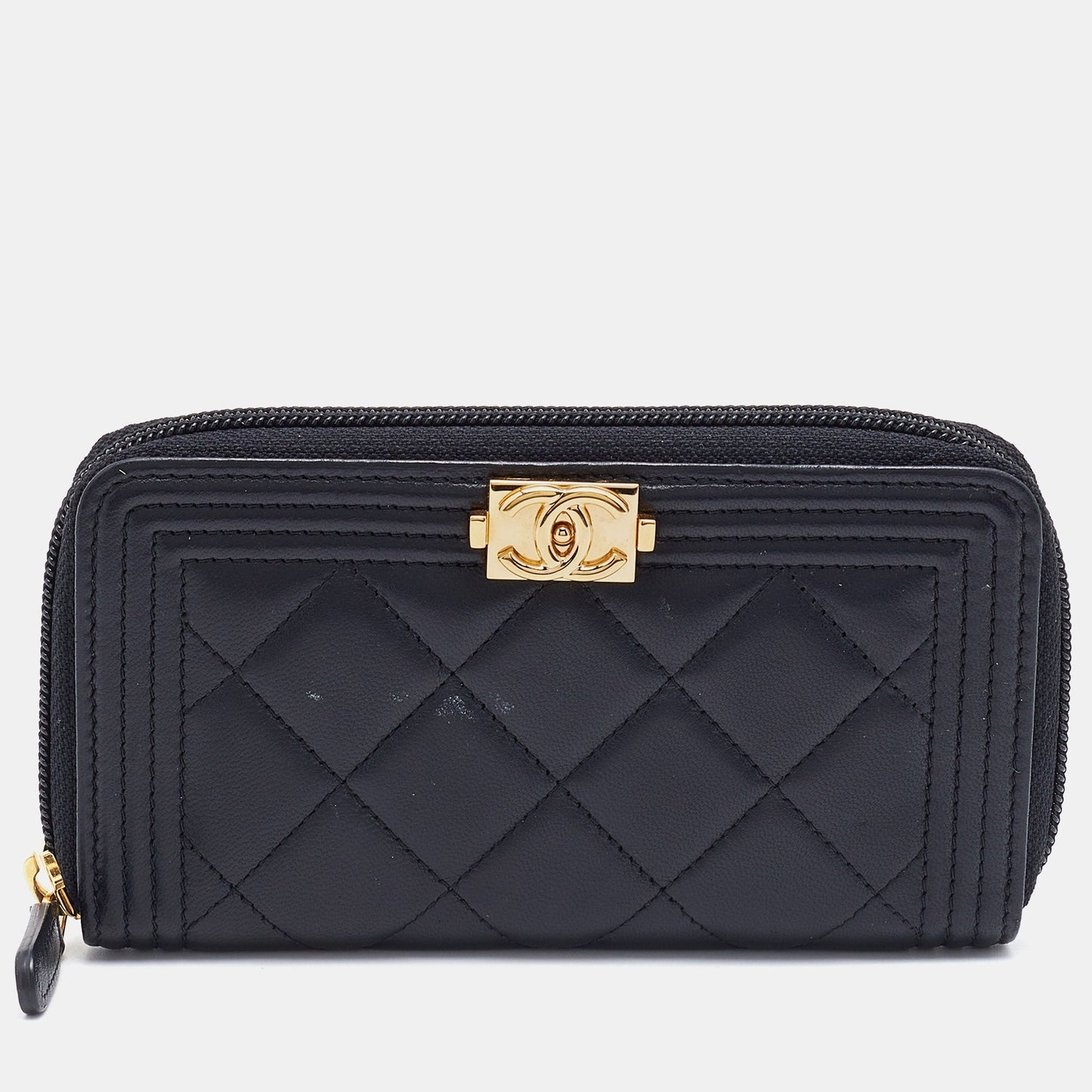 Luxury Chanel Black Quilted Leather Boy Zip Around Wallet