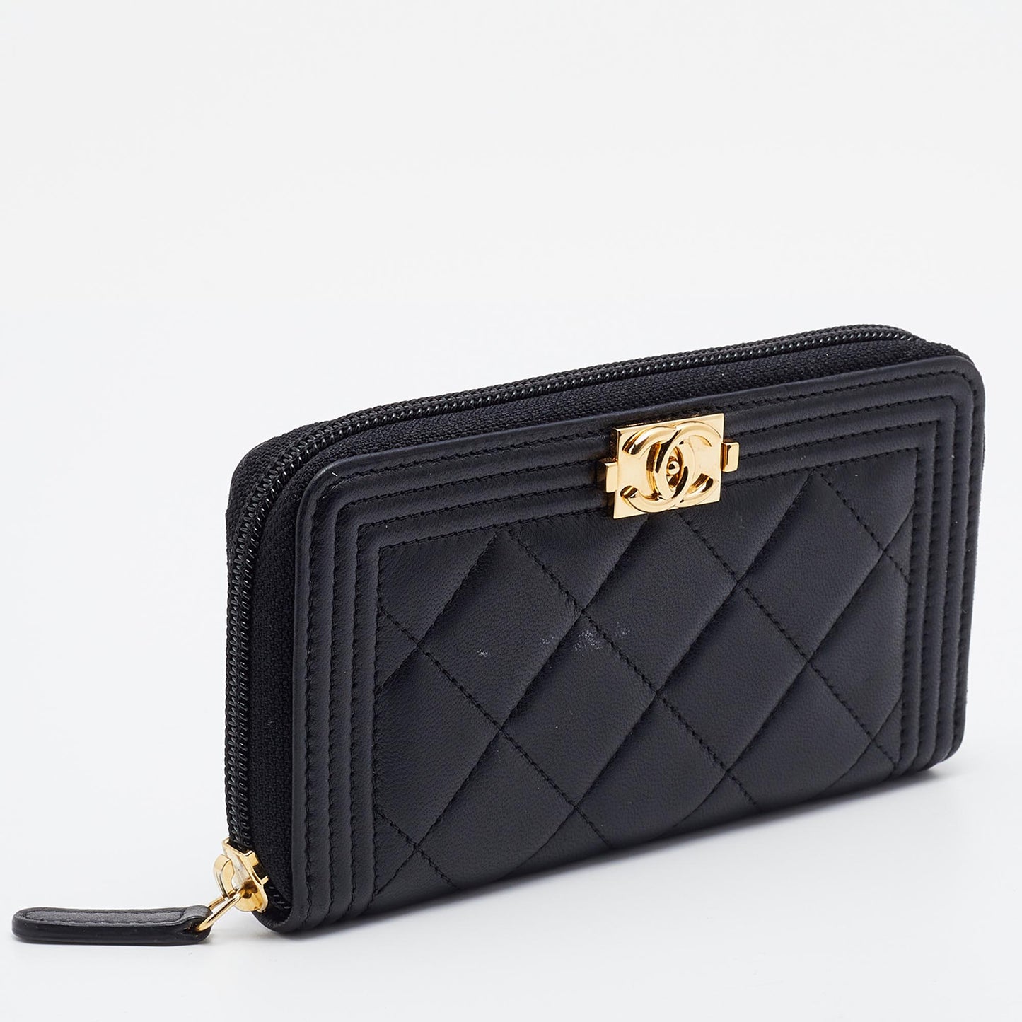 Luxury Chanel Black Quilted Leather Boy Zip Around Wallet