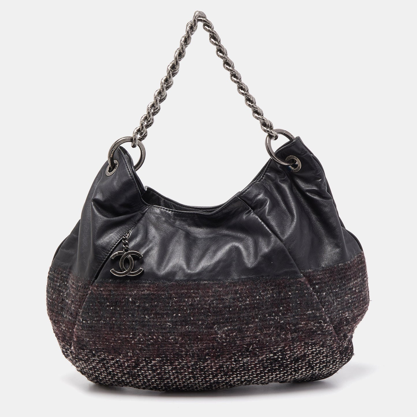 Luxury Chanel Black Tweed and Leather Coco Pleats Hobo