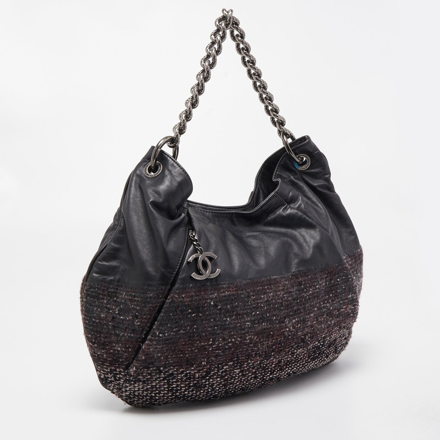 Luxury Chanel Black Tweed and Leather Coco Pleats Hobo