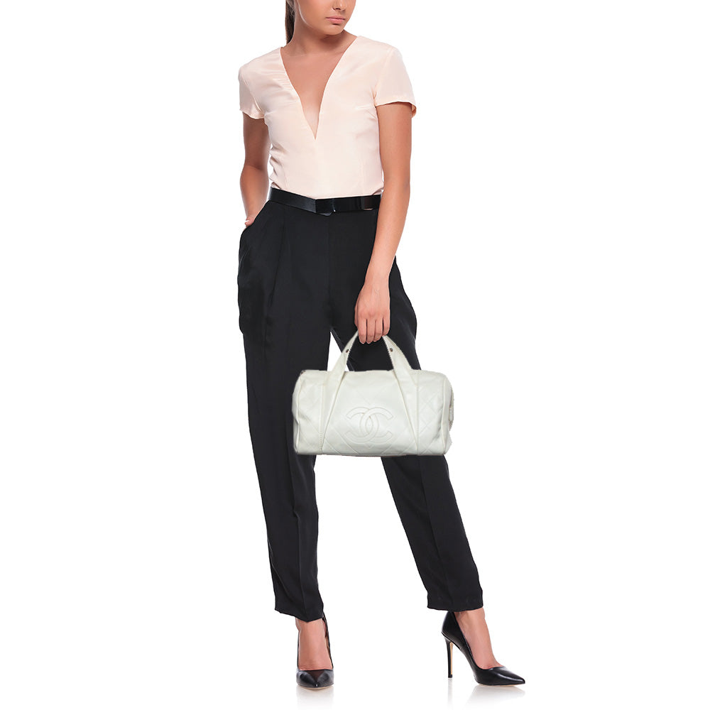 Luxury Chanel Off White Double Quilt Leather Bowler Bag