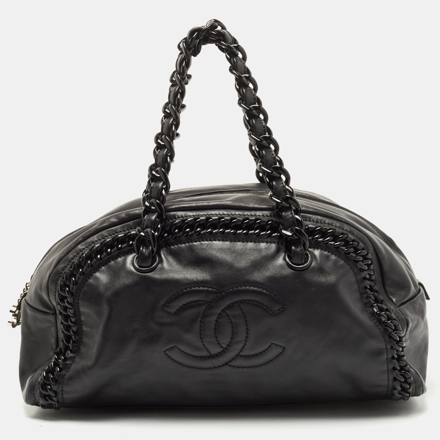 Luxury Chanel Black Matte Leather Large Luxe Ligne Bowler Bag