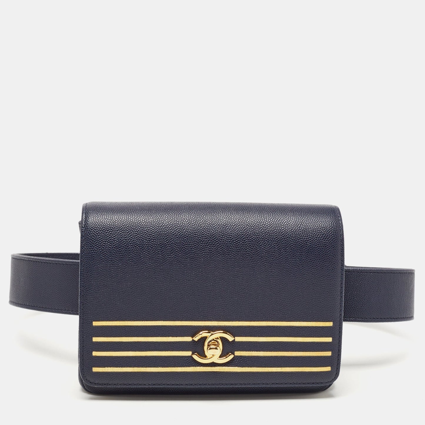 Luxury Chanel Blue Caviar Leather Captain Gold Waist Bag
