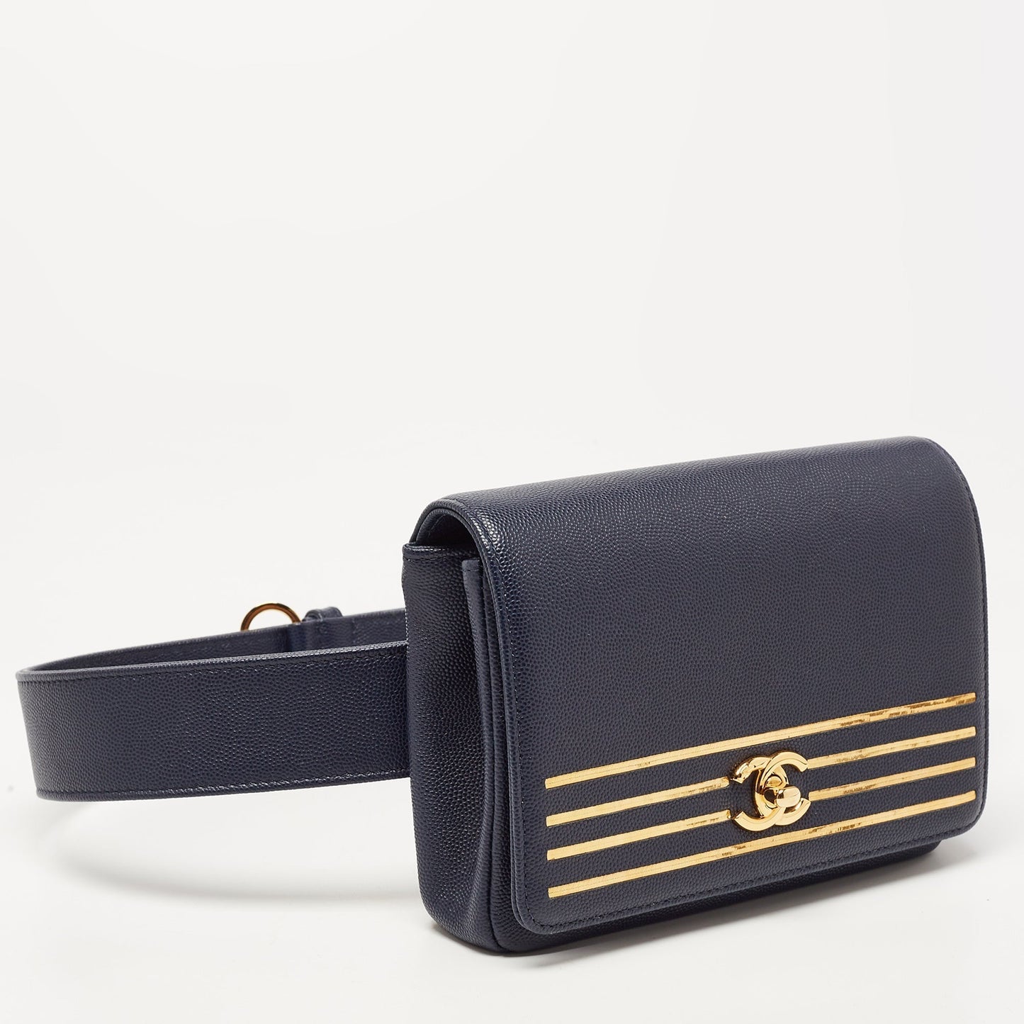 Luxury Chanel Blue Caviar Leather Captain Gold Waist Bag