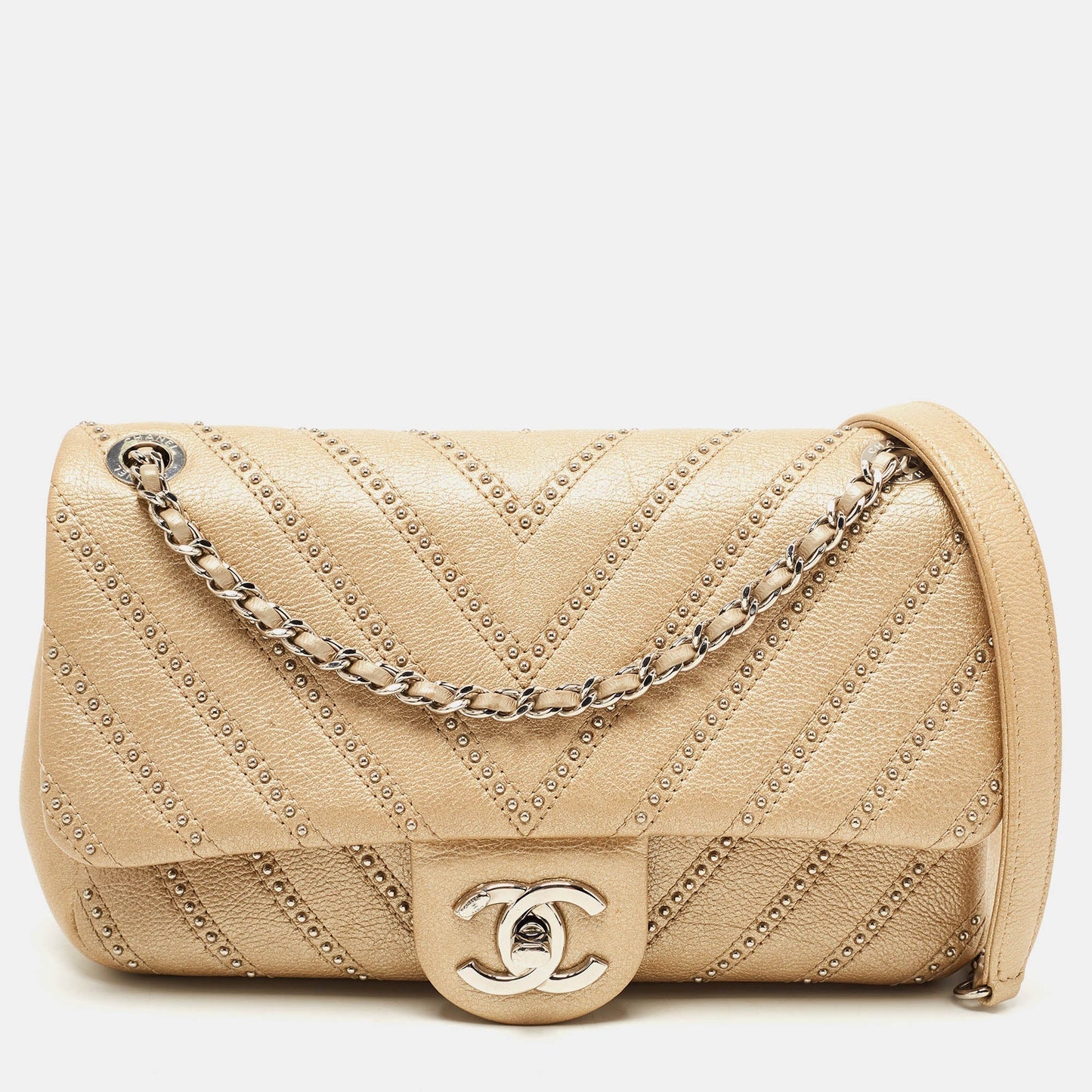 Luxury Chanel Metallic Beige Studded Chevron Leather Stud Wars CC Flap Crossbody Bag