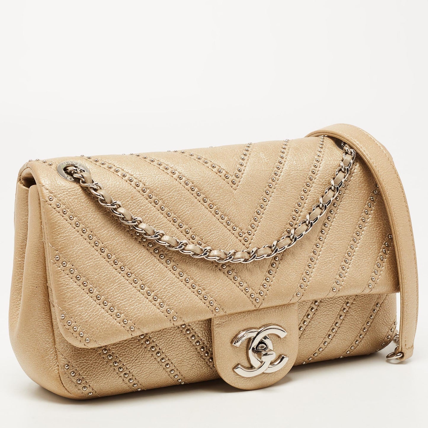 Luxury Chanel Metallic Beige Studded Chevron Leather Stud Wars CC Flap Crossbody Bag