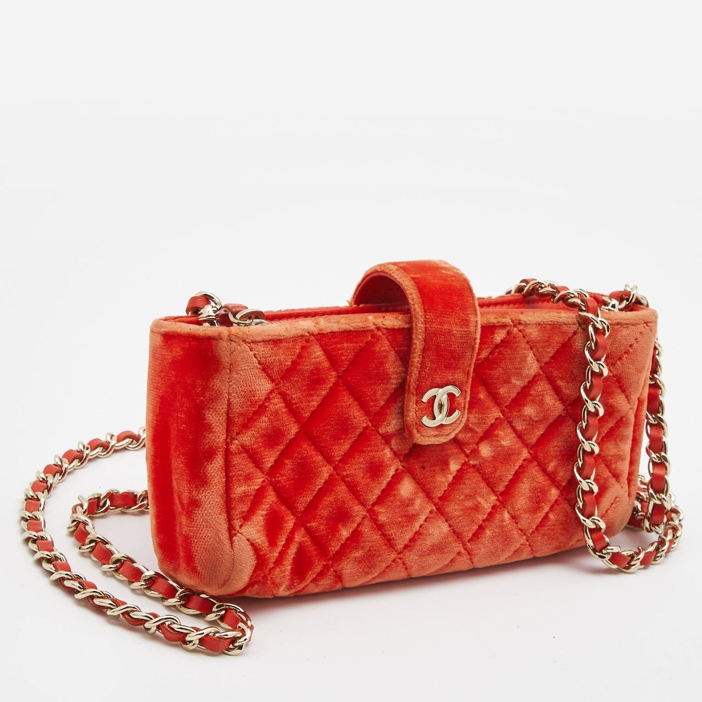 Luxury Chanel Orange Quilted Velvet CC Mini Phone Holder Clutch