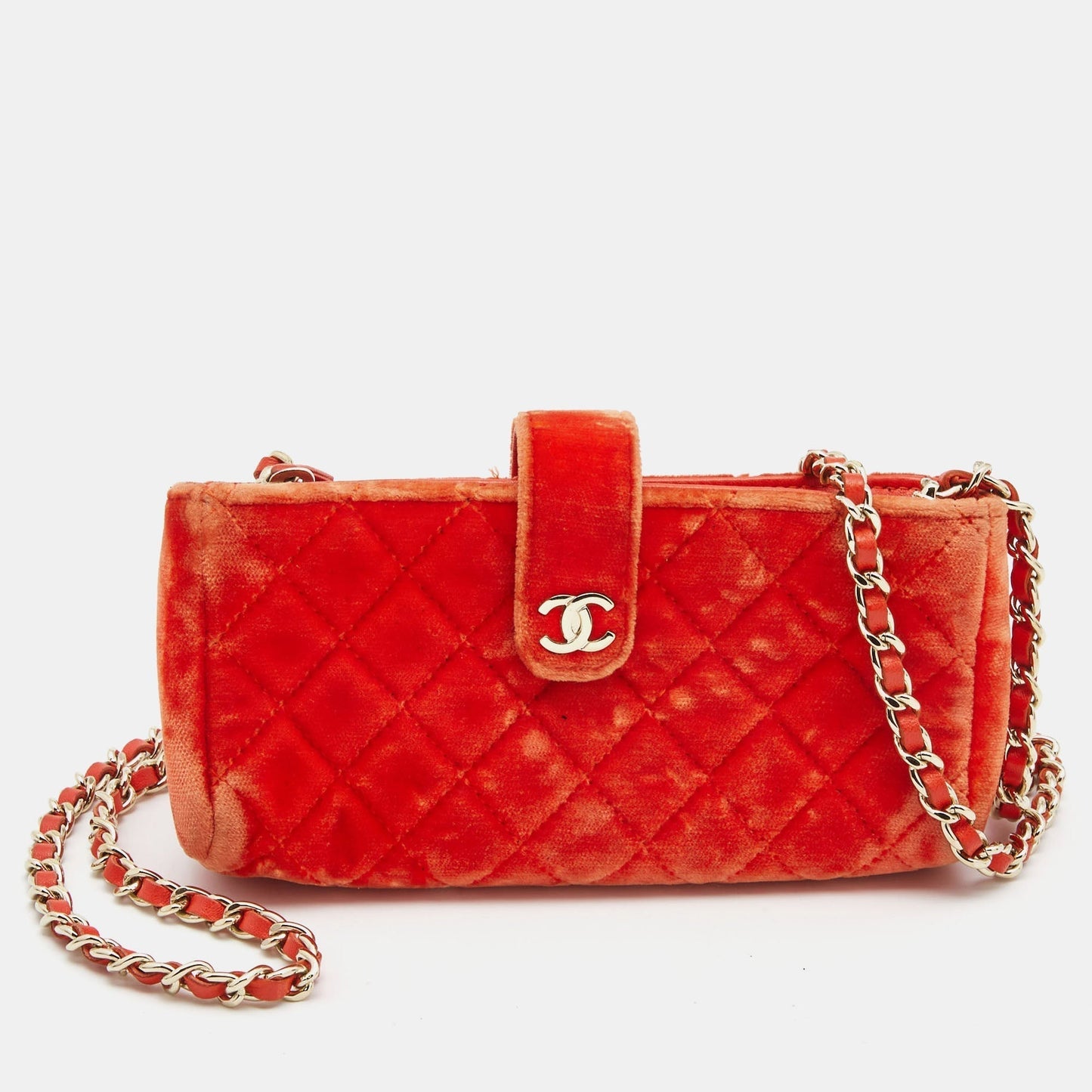 Luxury Chanel Orange Quilted Velvet CC Mini Phone Holder Clutch