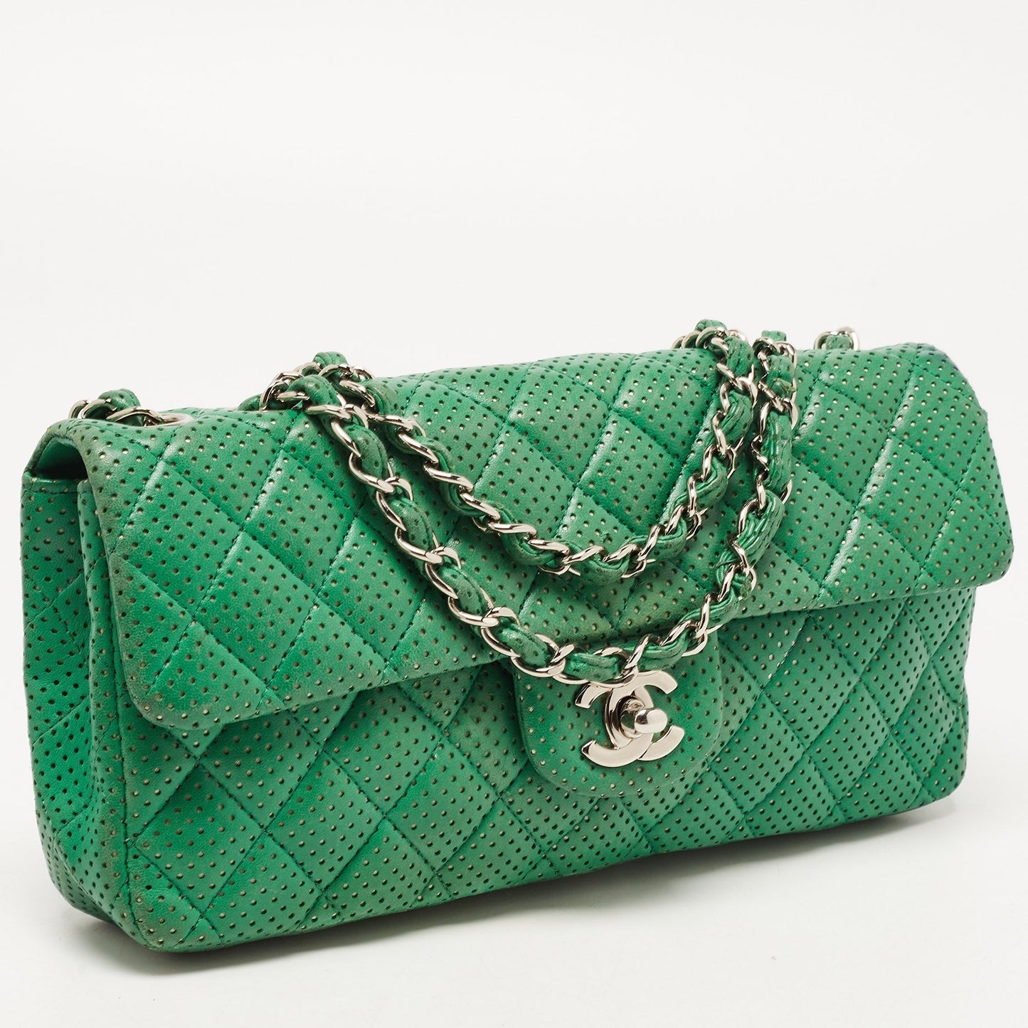 CHANEL Green Quilted Perforated Leather East/West Classic Flap Bag
