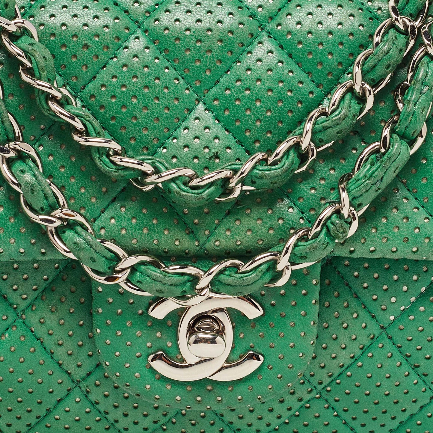 CHANEL Green Quilted Perforated Leather East/West Classic Flap Bag