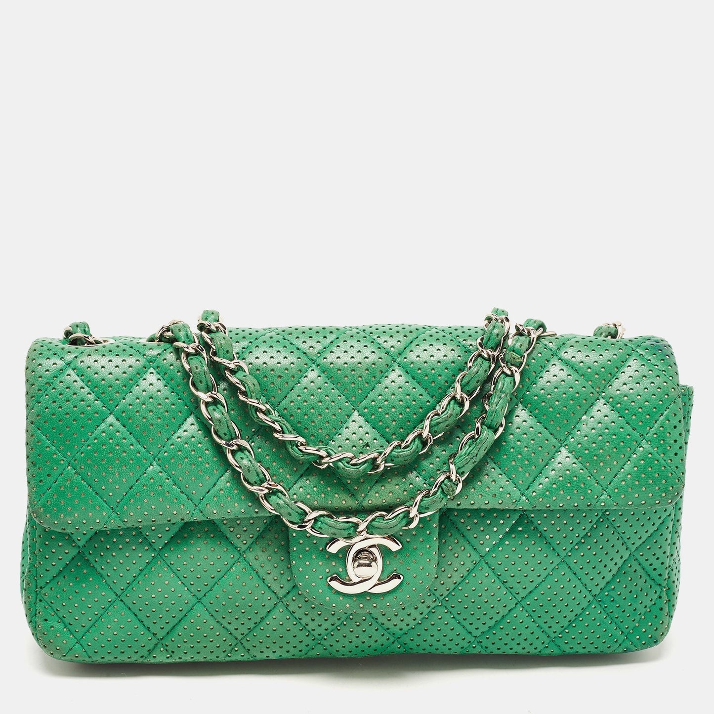 CHANEL Green Quilted Perforated Leather East/West Classic Flap Bag