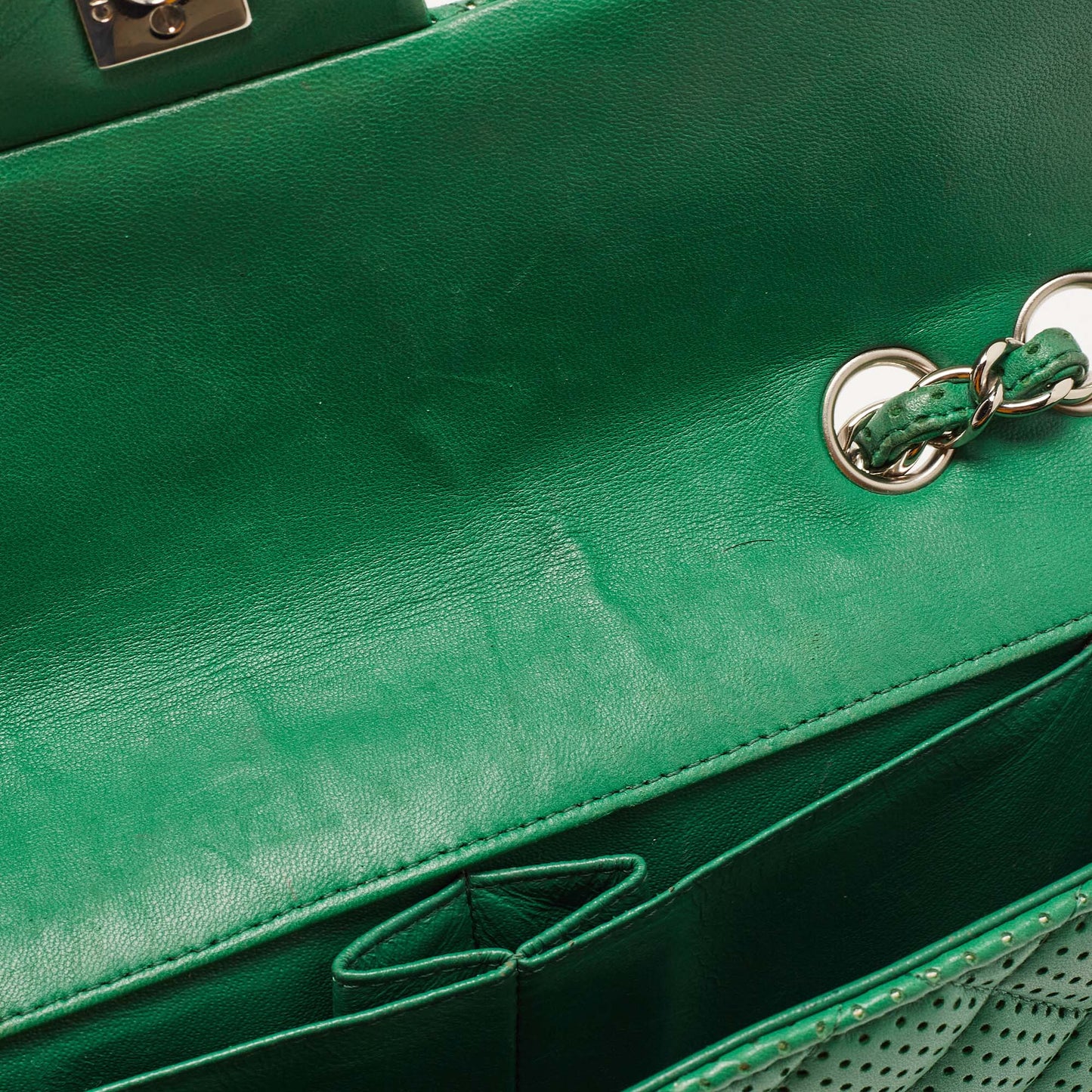 CHANEL Green Quilted Perforated Leather East/West Classic Flap Bag