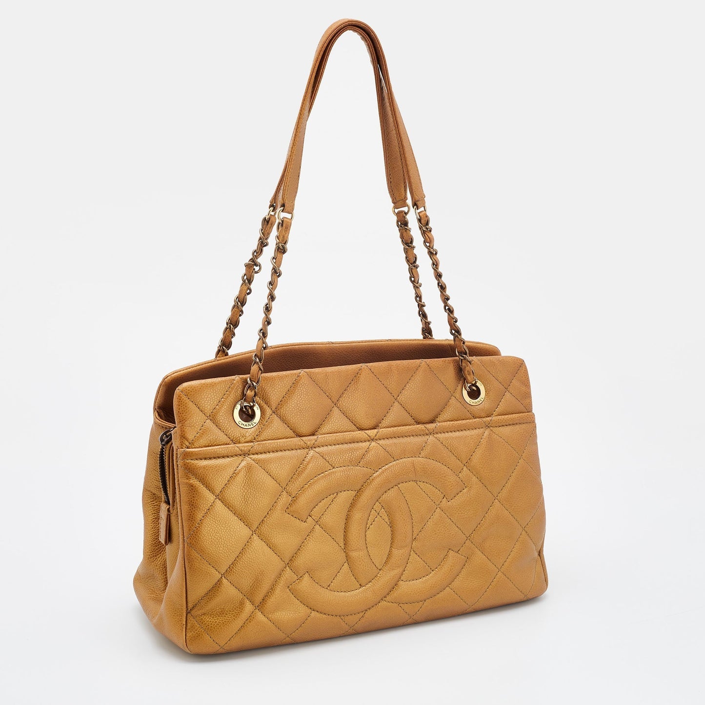 Luxury Chanel Gold Quilted Caviar Leather CC Timeless Tote