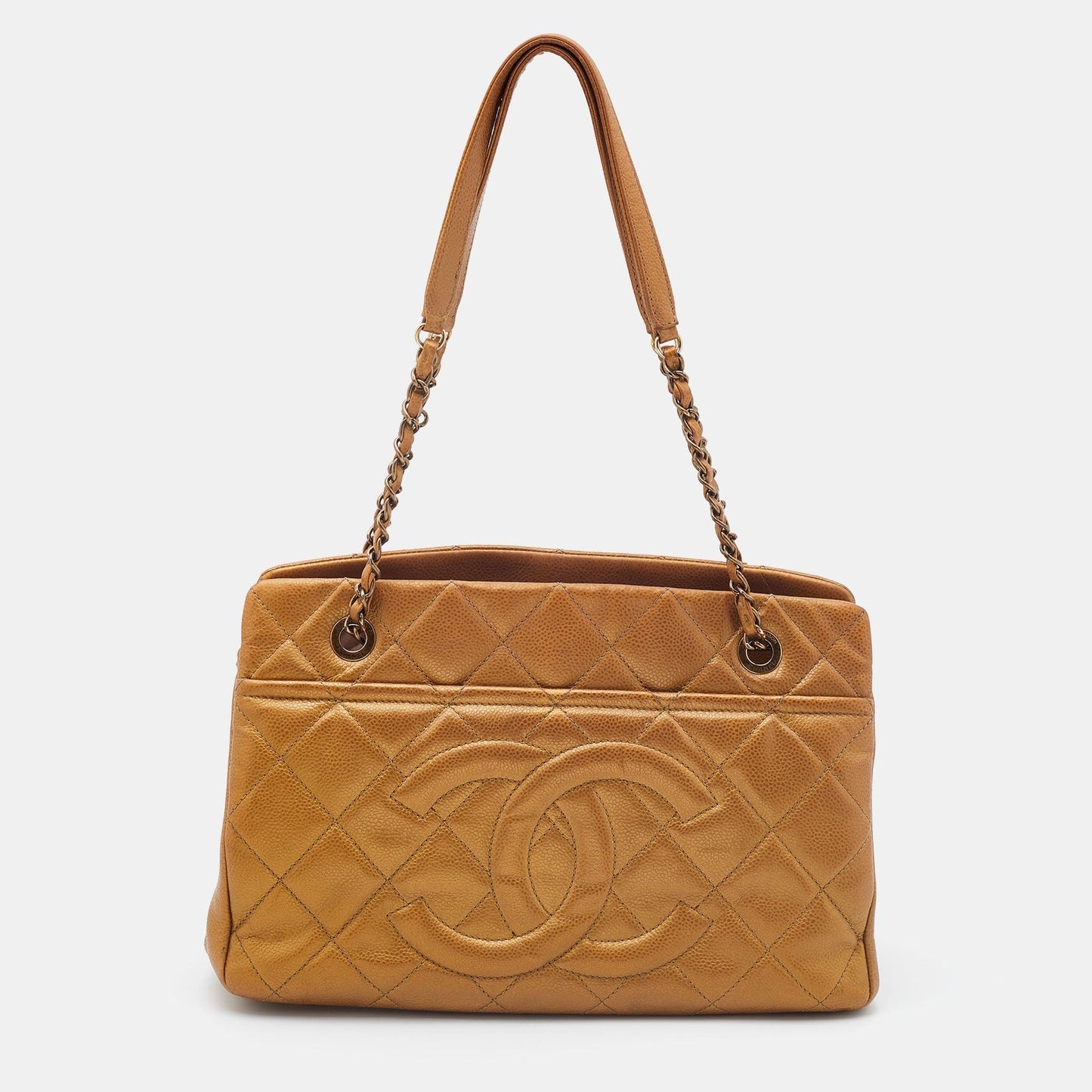 Luxury Chanel Gold Quilted Caviar Leather CC Timeless Tote