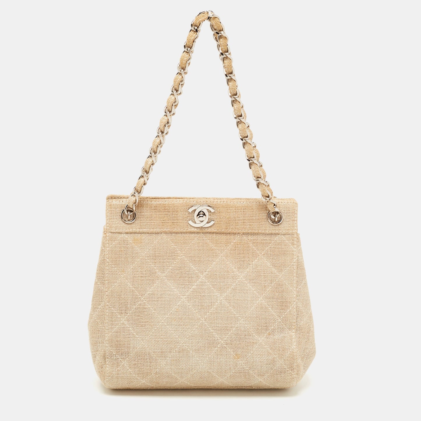 Luxury Chanel Metallic Beige Quilted Canvas Mini Classic Chain Tote