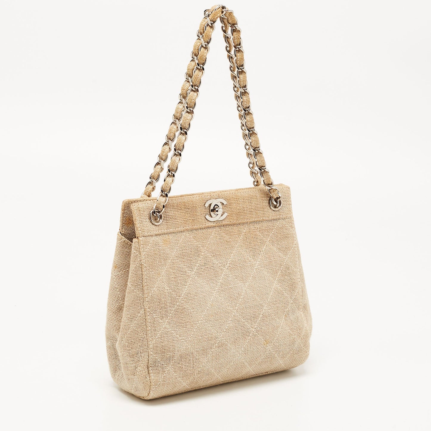 Luxury Chanel Metallic Beige Quilted Canvas Mini Classic Chain Tote