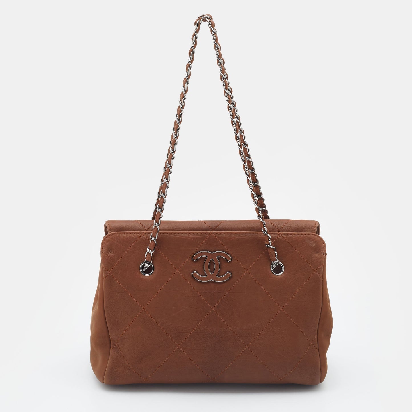 CHANEL Brown Quilted Nubuck Leather Large Hampton Enamel CC Flap Shoulder Bag