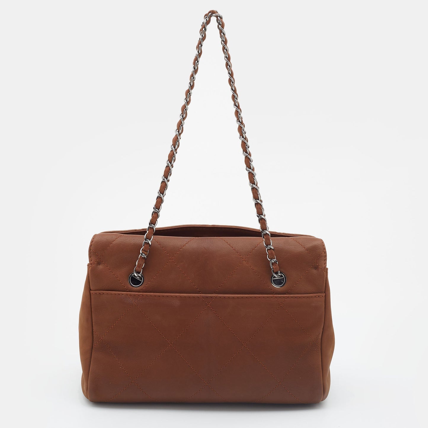 CHANEL Brown Quilted Nubuck Leather Large Hampton Enamel CC Flap Shoulder Bag