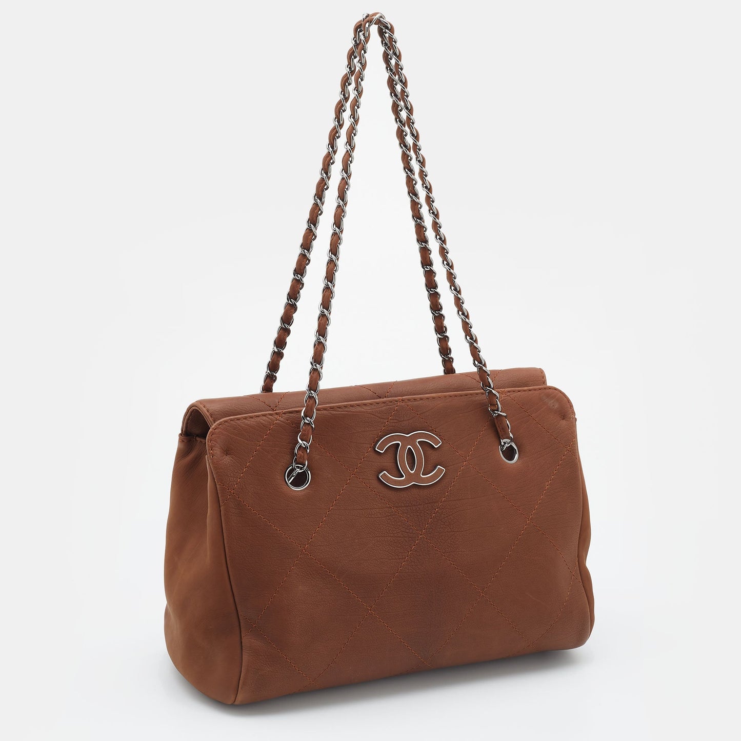 CHANEL Brown Quilted Nubuck Leather Large Hampton Enamel CC Flap Shoulder Bag