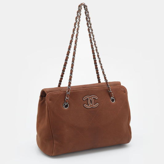 CHANEL Brown Quilted Nubuck Leather Large Hampton Enamel CC Flap Shoulder Bag