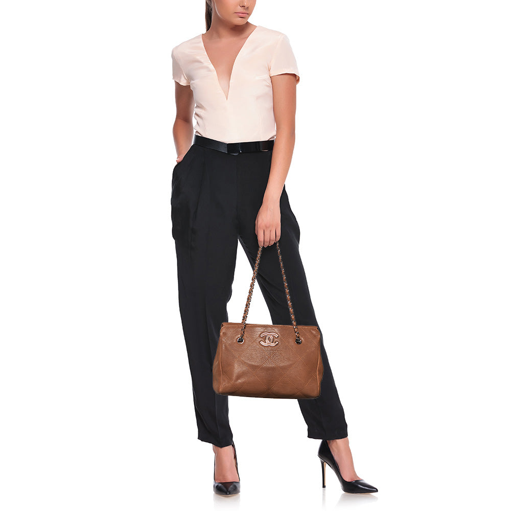CHANEL Brown Quilted Nubuck Leather Large Hampton Enamel CC Flap Shoulder Bag