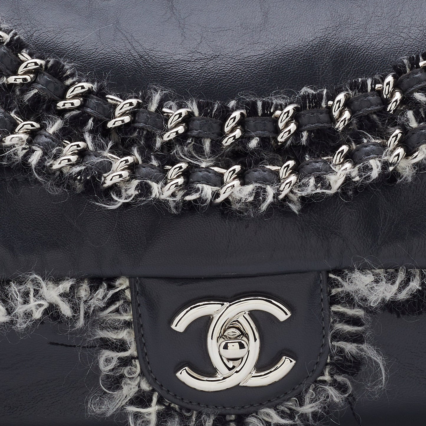 CHANEL Grey Leather Funny Tweed Flap Shoulder Bag