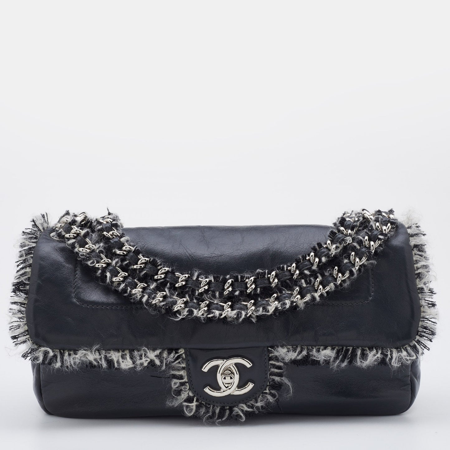 CHANEL Grey Leather Funny Tweed Flap Shoulder Bag
