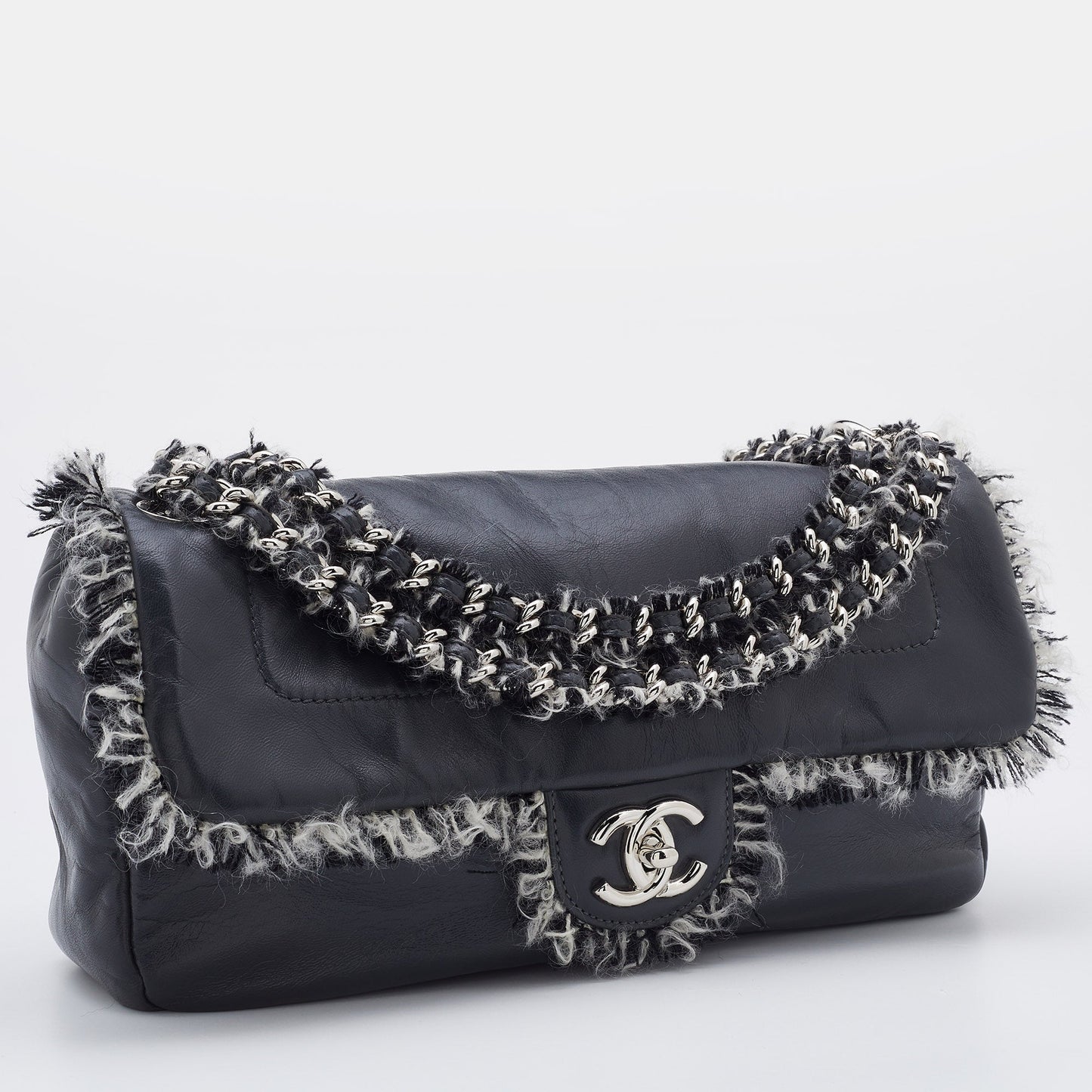 CHANEL Grey Leather Funny Tweed Flap Shoulder Bag