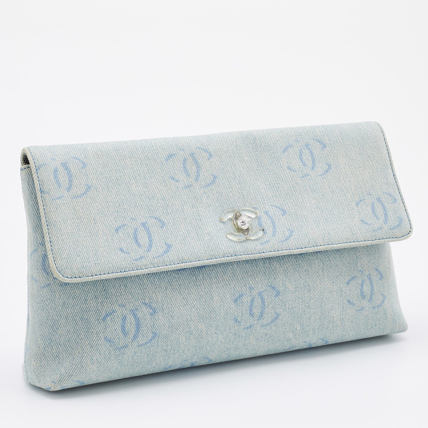 Luxury Chanel Blue CC Signature Denim Vintage Clutch