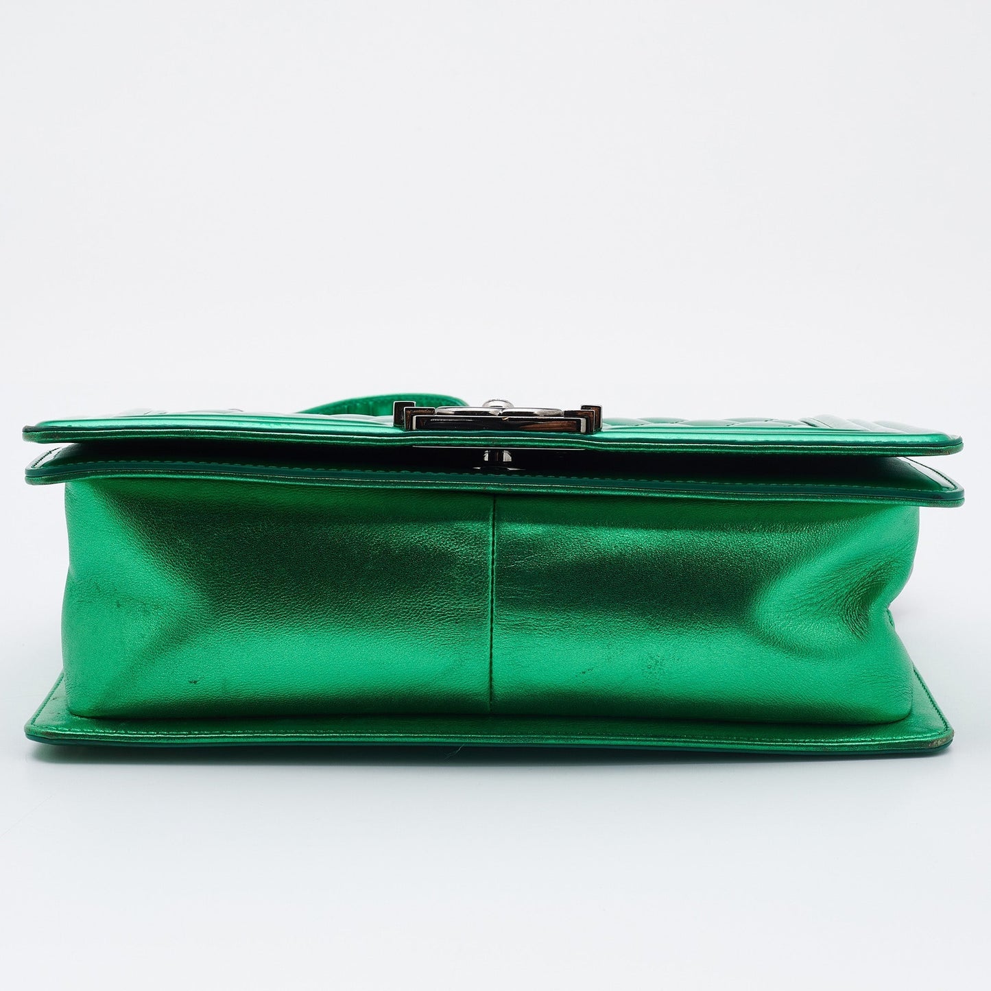 CHANEL Green Quilted Patent Leather Medium Boy Flap Bag