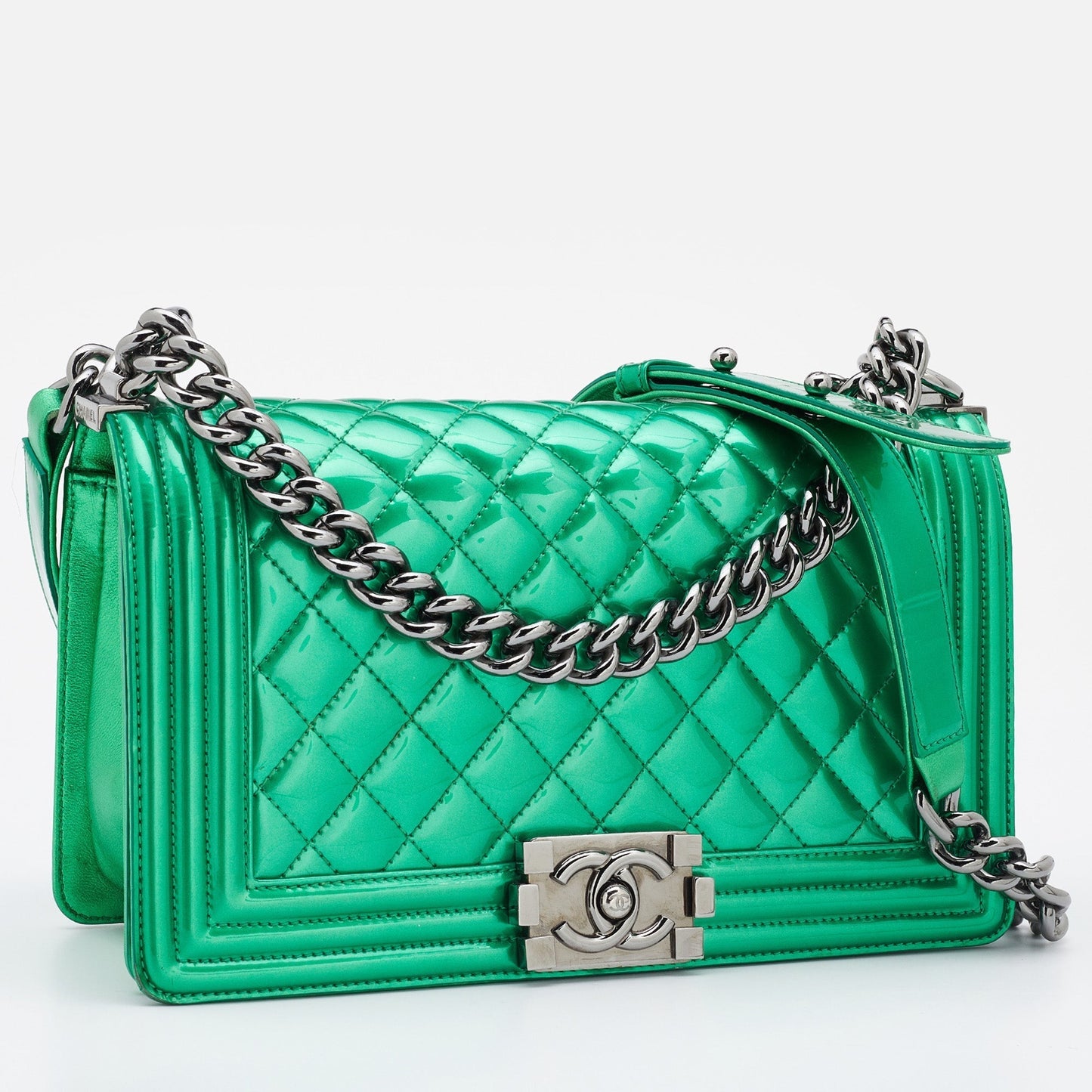 CHANEL Green Quilted Patent Leather Medium Boy Flap Bag
