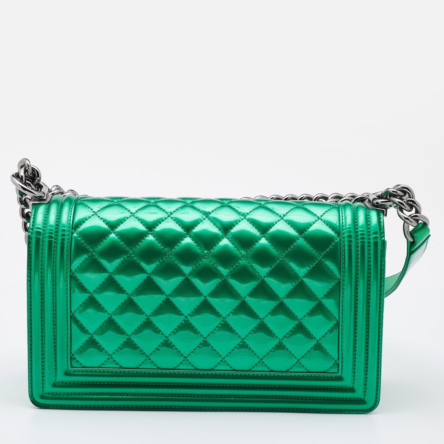 CHANEL Green Quilted Patent Leather Medium Boy Flap Bag