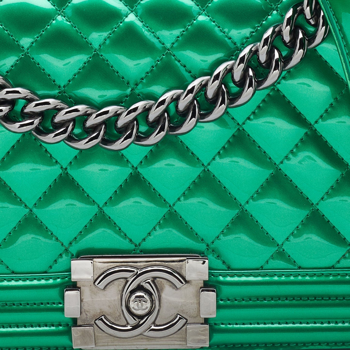 CHANEL Green Quilted Patent Leather Medium Boy Flap Bag